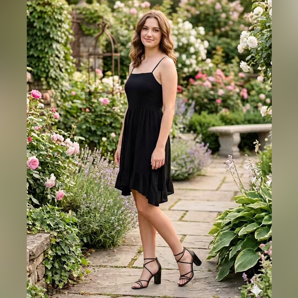 Forever 21 Black Spaghetti Strap Mini Flowy Ruffle Hem Dress, Sz M, NWOT